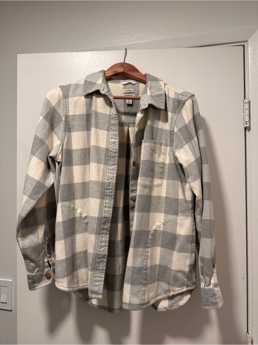 L.L. Bean Women's Gray and Cream Plaid Button-Front Shirt